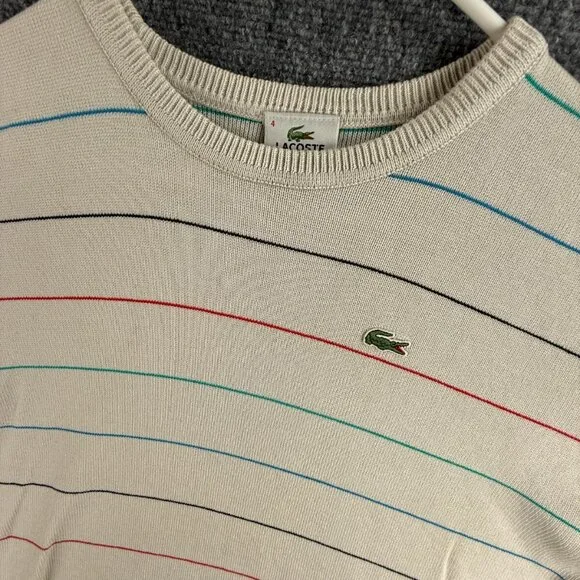 Lacoste Men Sweater Knit Croc Logo Striped Off White Casual Size 4 Medium Adult - Picture 2 of 16